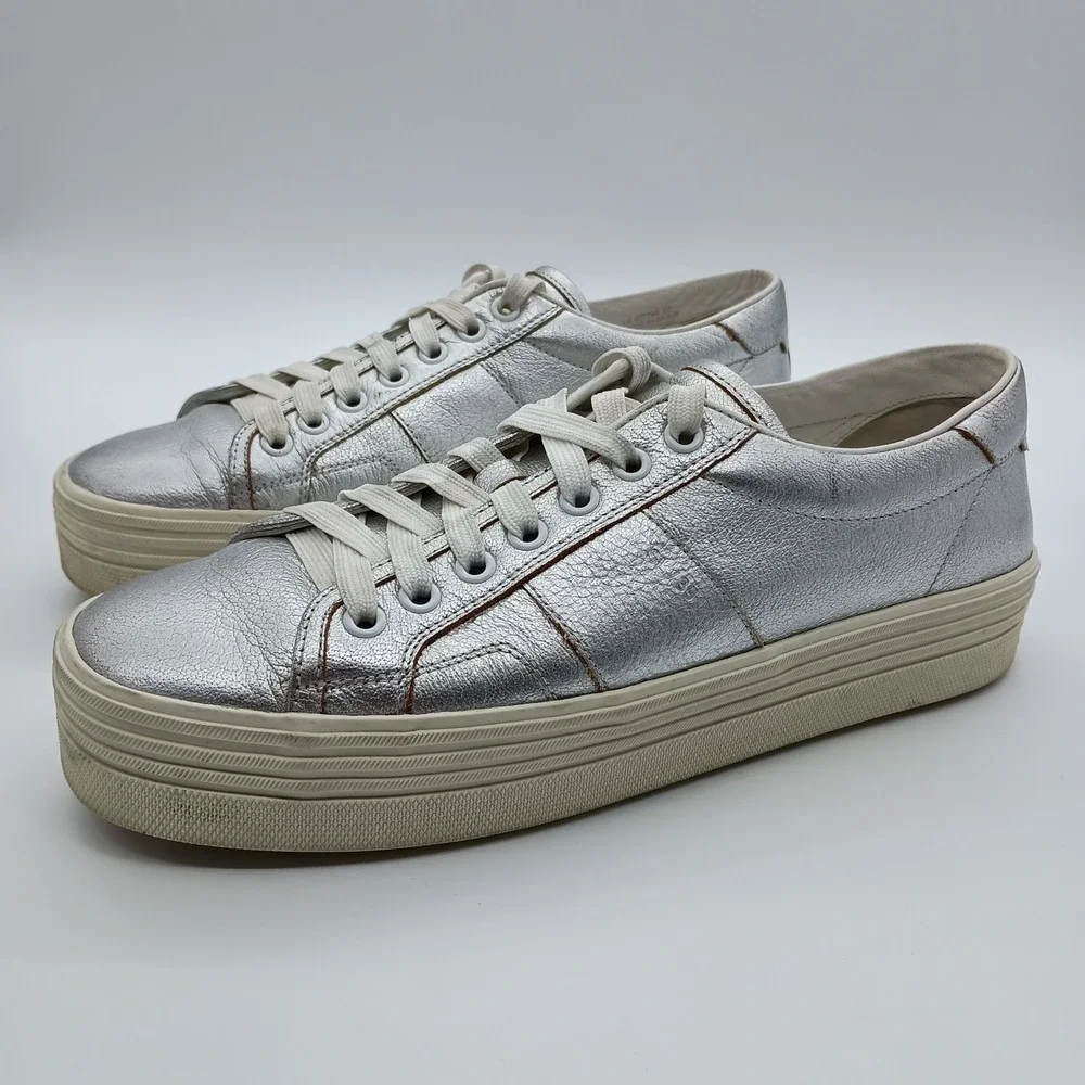 Saint Laurent Paris Silver Metallic Leather Low Top‎ Platform Sneakers EU 40